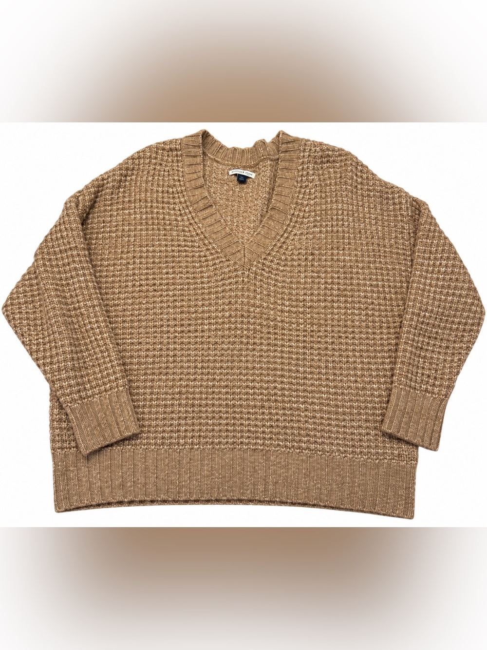 American Eagle Oversized Waffle Knit V-Neck Sweater Tan Brown Large
